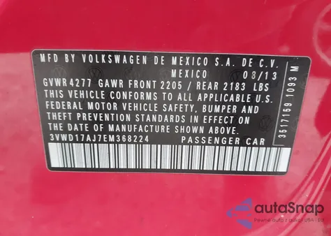 2014 Volkswagen Jetta 1.8T Se из США, поврежденный, VIN 3VWD17AJ7EM368224